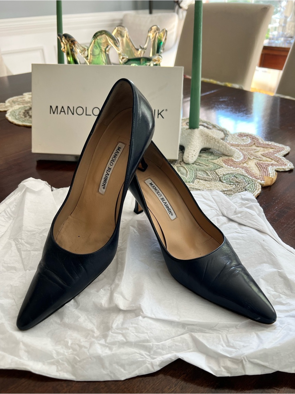 Manolo Blahnik Navy Pointed Leather Pumps